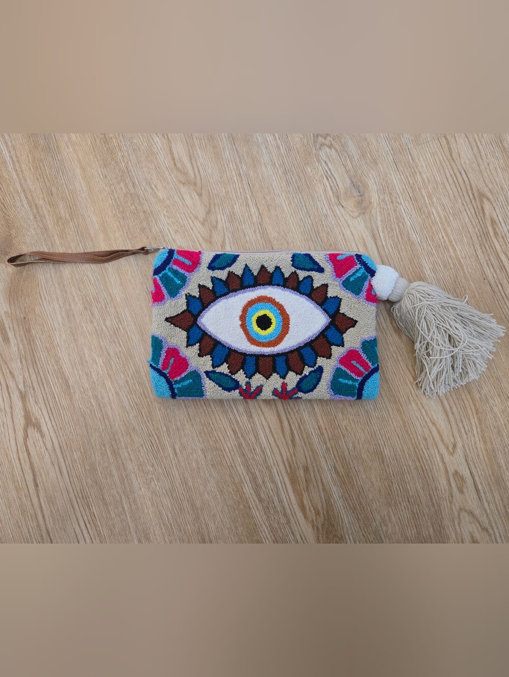 Handcrafted Embroidered Eye Wristlet Clutch in Beige and Multicolor